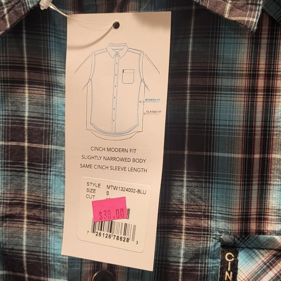 Cinch Modern Fit Two Pocket Men's 100% Cotton Long Sleeve Snap Button Shirt Sz S - Picture 7 of 8